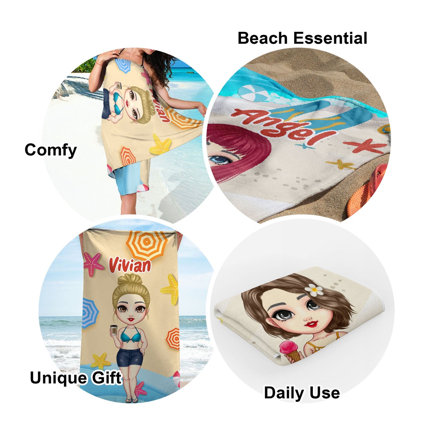 Personalisiertes Sommer Cartoon Mädchen Strandtuch - Sommerurlaub 2023, Geschenk für Besties, Beste Freunde Geschenk