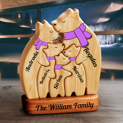 Color Scarf Style Personalized Wooden Bear Family Puzzle, Wooden Bear With Scarf, Christmas Family Keepsake Gifts