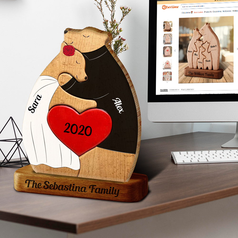 Jahrestag personalisierte Holzbären Paar aus Holz - Puzzle Holzbären Familie - Holz Haustier Schnitzereien