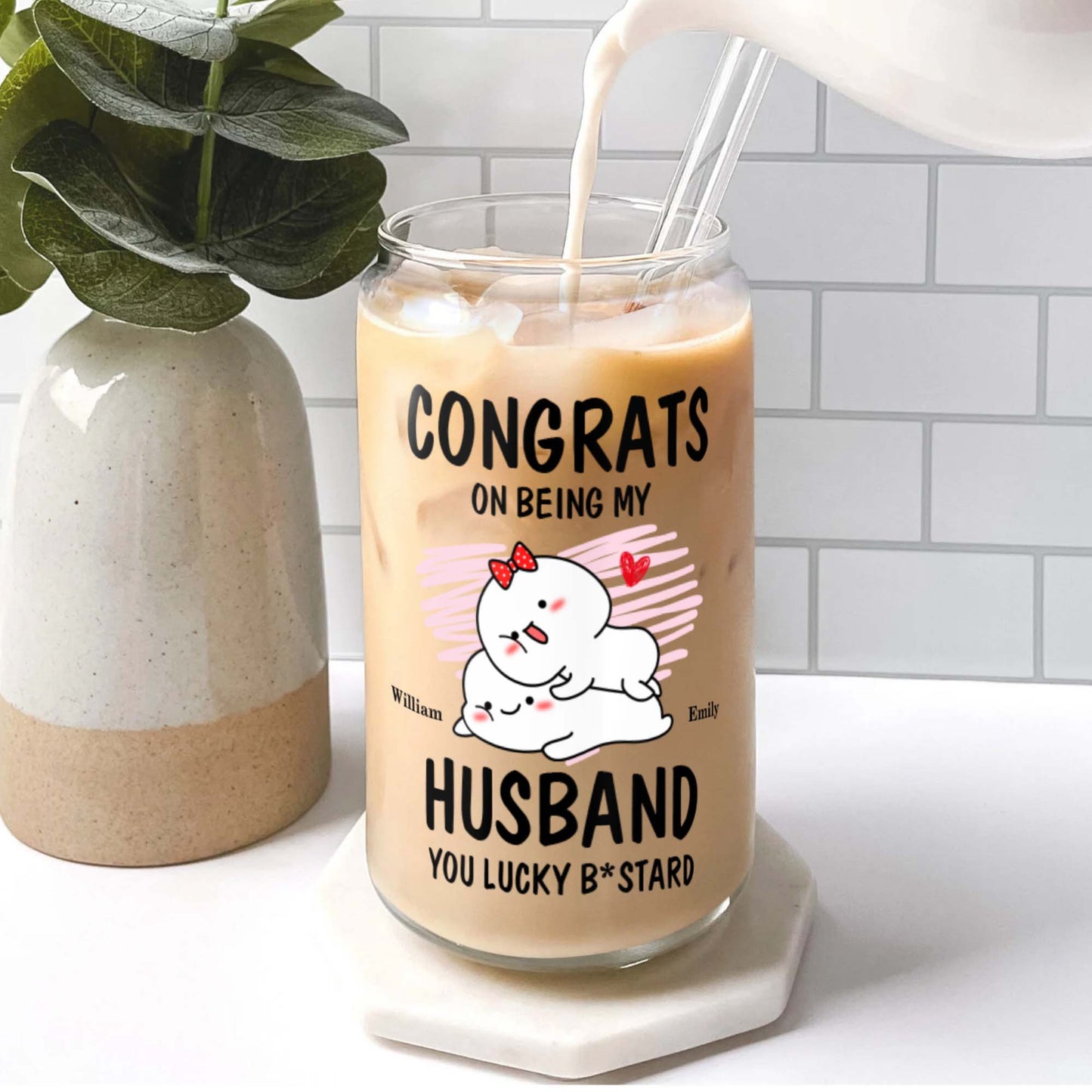 Congrats On Being My Husband Anniversary Gift For Couple Glass Bottle/Frosted Bottle With Lid & Straw - Personalized Glass Bottle