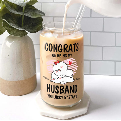 Congrats On Being My Husband Anniversary Gift For Couple Glass Bottle/Frosted Bottle With Lid & Straw - Personalized Glass Bottle