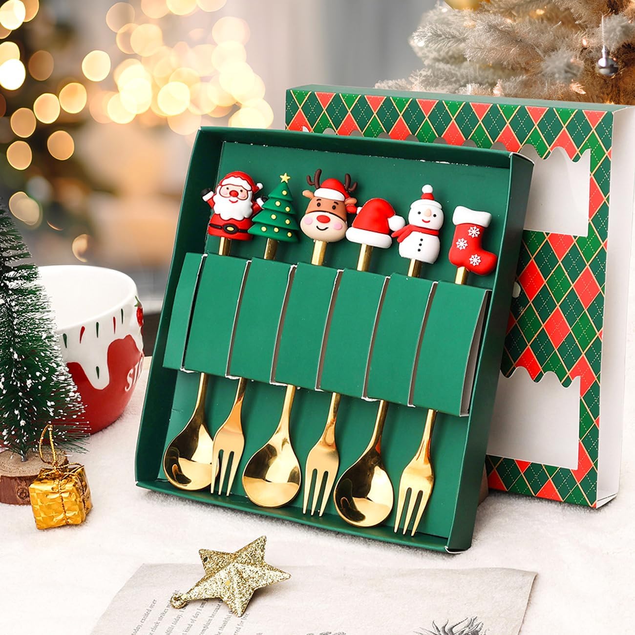 Christmas Cutlery Set, 6 PCS Stainless Steel Spoon and Forks Utensils Set for Coffee Dessert, Ideal Christmas Gift Gold Style