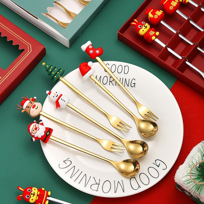 Christmas Cutlery Set, 6 PCS Stainless Steel Spoon and Forks Utensils Set for Coffee Dessert, Ideal Christmas Gift Gold Style