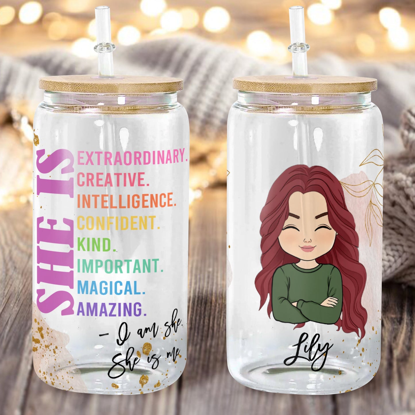 „She Is Me“-Glasflasche/Mattierte Flasche mit Deckel und Stroh, Geschenk für Tierliebhaber – personalisierte Glasflasche