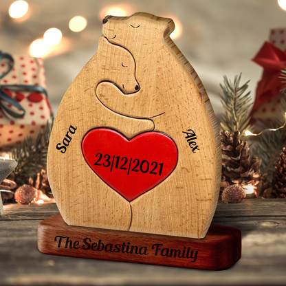 Personalisiertes Holzbärenpaar aus Holz - Puzzle Holzbärenfamilie - Holzschnitzereien für Haustiere