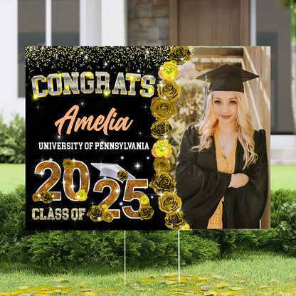 Rose Background Class Of 2025 Graduate, Graduation Gift - Personalized Graduation Lawn Sign With Stake