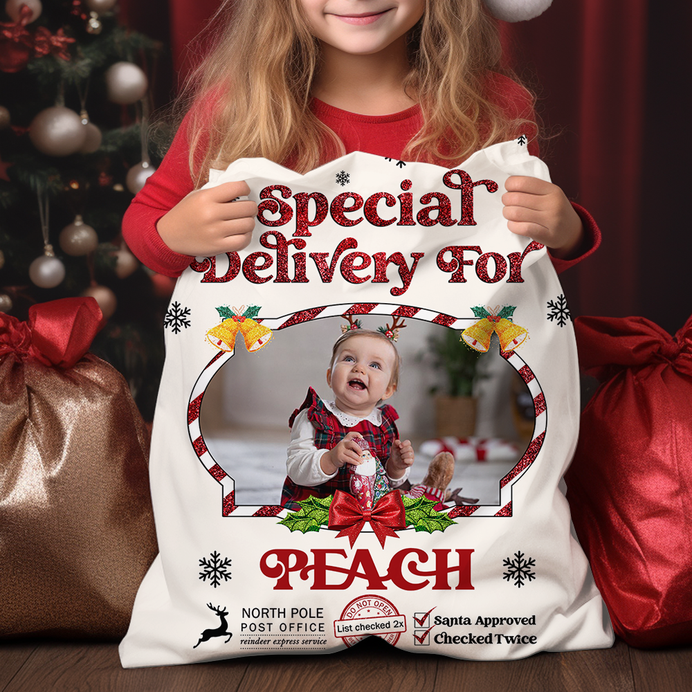 Glitter Special Delivery Christmas Sack - Custom Photo Name Presents Bag - Christmas Gift