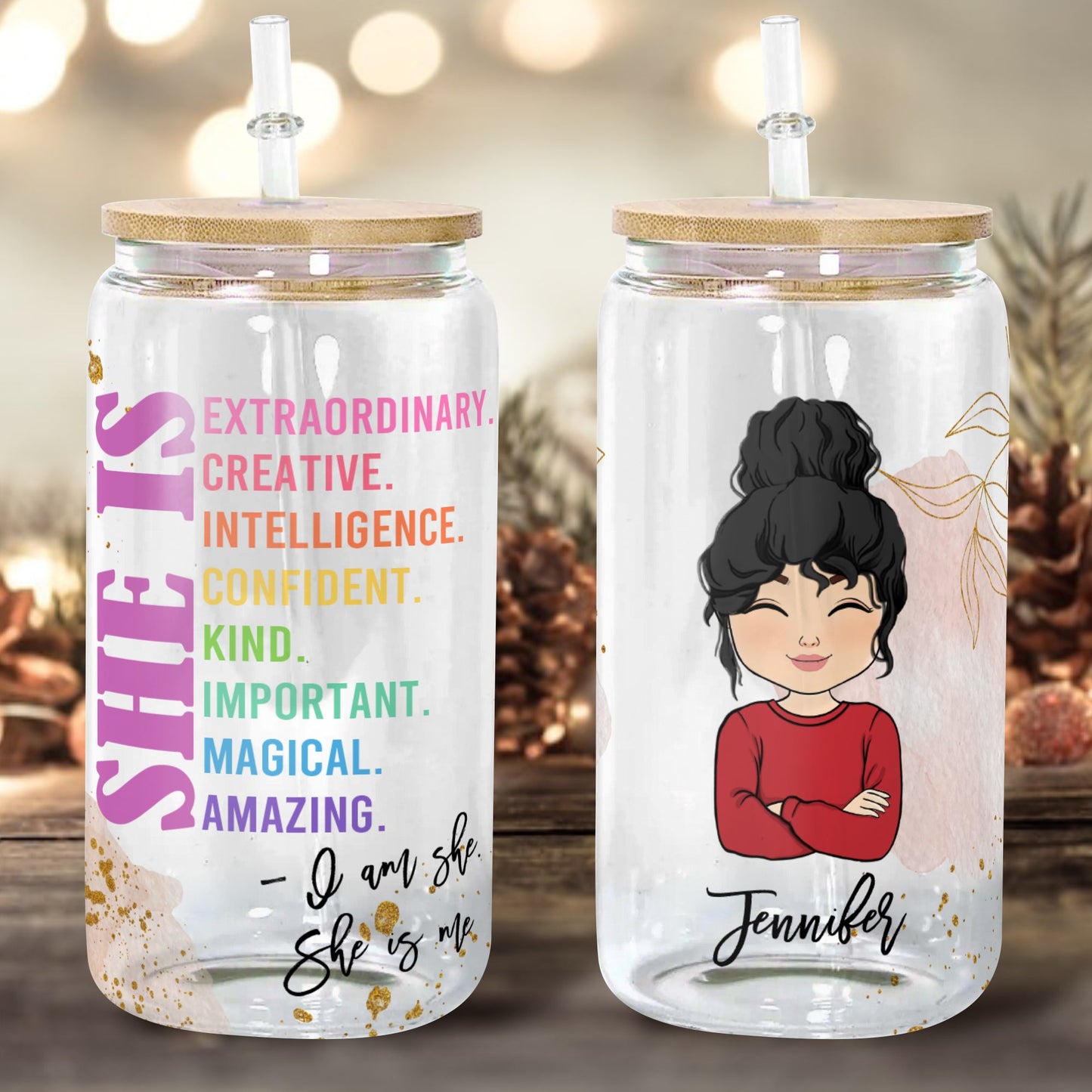 „She Is Me“-Glasflasche/Mattierte Flasche mit Deckel und Stroh, Geschenk für Tierliebhaber – personalisierte Glasflasche