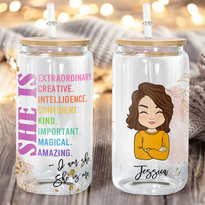 „She Is Me“-Glasflasche/Mattierte Flasche mit Deckel und Stroh, Geschenk für Tierliebhaber – personalisierte Glasflasche