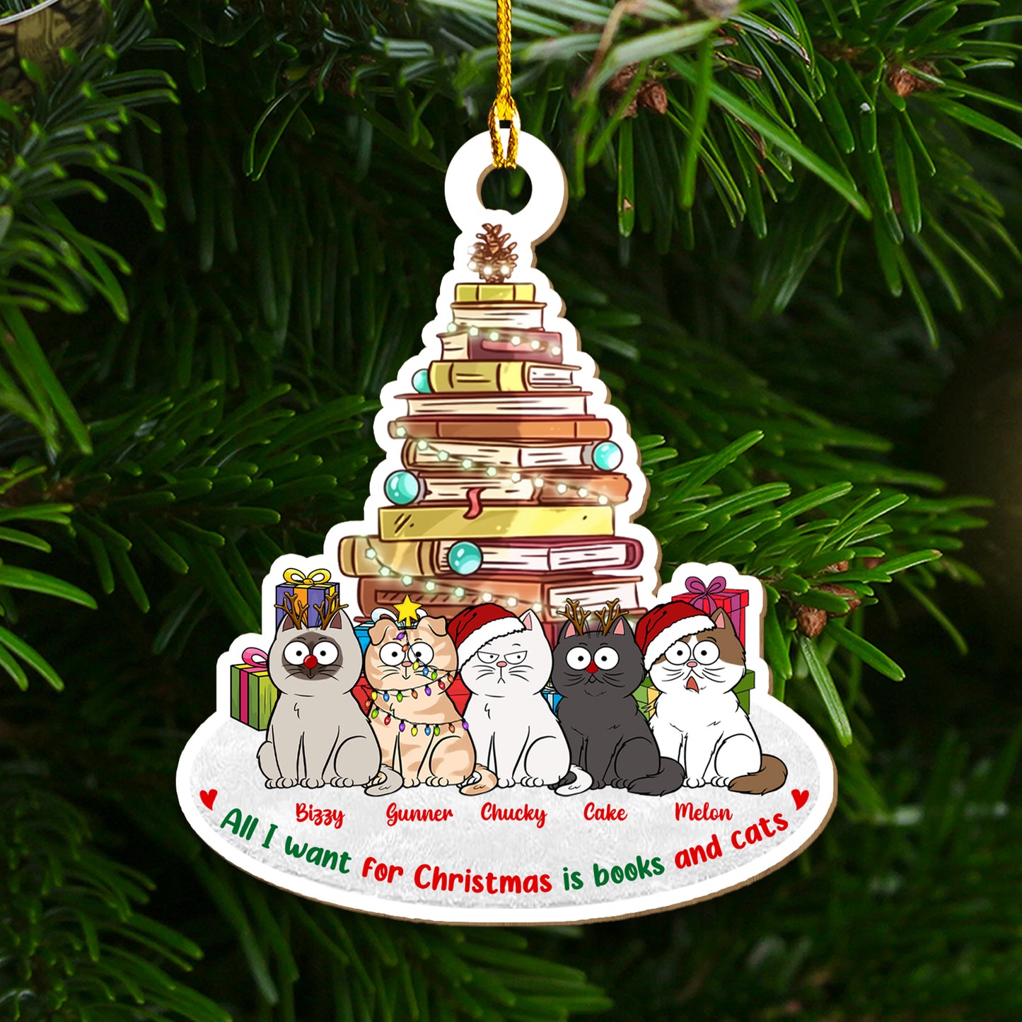 Alles, was ich mir zu Weihnachten wünsche, sind Katzen und Bücher, Weihnachtsbuchbaum-Weihnachtsschmuck – Holzschmuck in individueller Form – 1 Lagenholzschmuck 