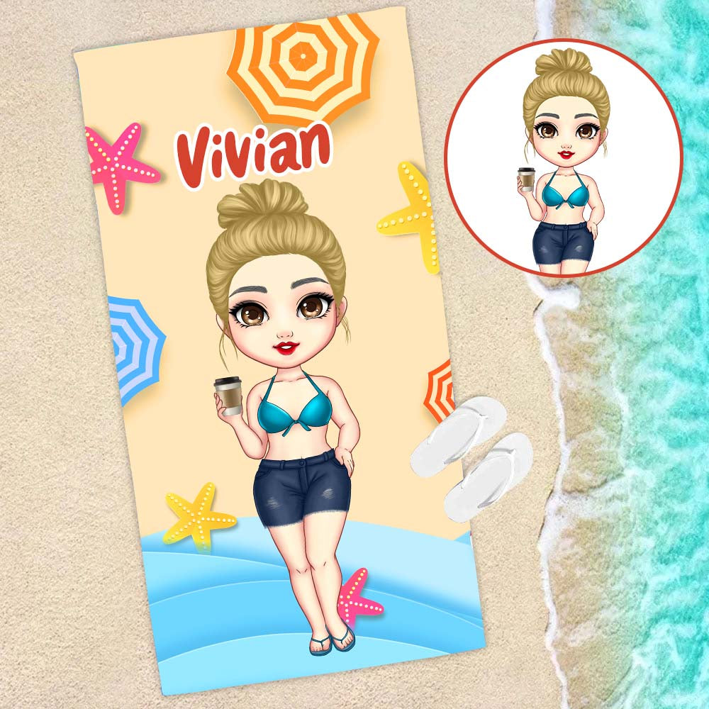 Personalisiertes Sommer Cartoon Mädchen Strandtuch - Sommerurlaub 2023, Geschenk für Besties, Beste Freunde Geschenk