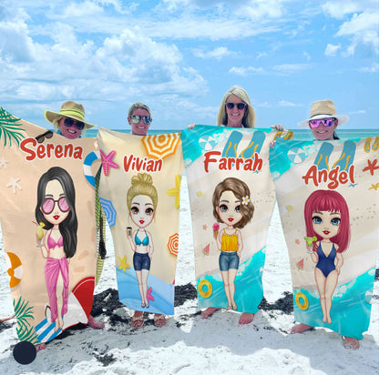 Personalisiertes Sommer Cartoon Mädchen Strandtuch - Sommerurlaub 2023, Geschenk für Besties, Beste Freunde Geschenk