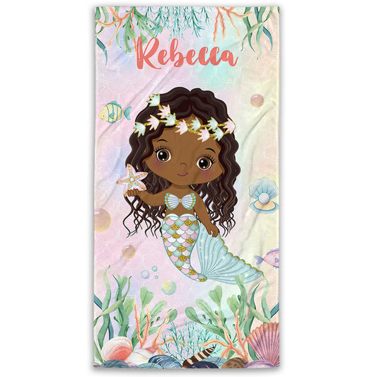 Personalized Mermaid Under The Sea Style Beach Towel, Gift For Daughter, Gift For Granddaughter