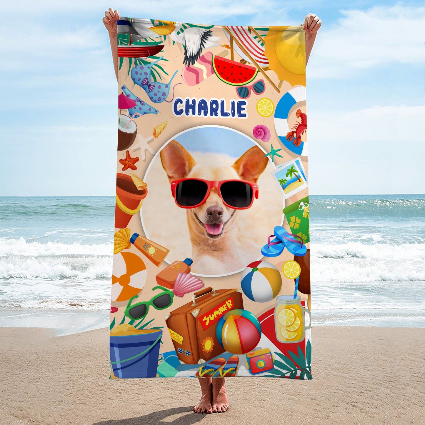 Personalisiertes Foto Name Hund am Strand Sommer Strandtuch, Lustiges Geschenk für Hundemama, Hunde papa Geschenk