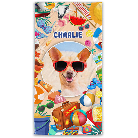 Personalized Photo Custom Name Dog On The Beach Summer Beach Towel, Funny Gift For Dog Mom, Dog Dad Gift