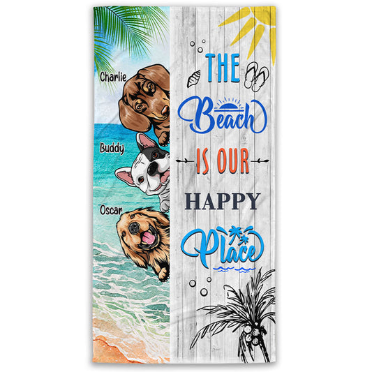 Personalized The Beach Is Our Happy Place Tropical Style Retro Beach Towel, Funny Gift For Dog Mom, Dog Dad Gift