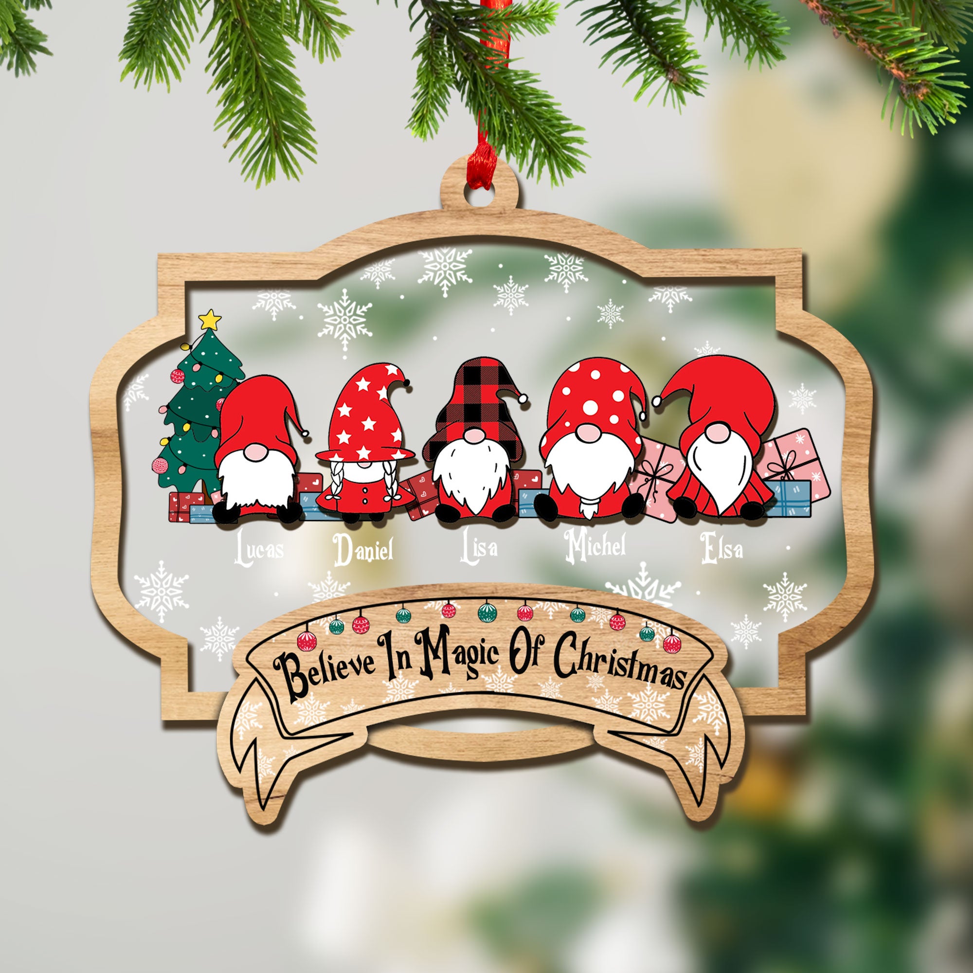 Belive In Magic Of Christmas Cute Gnomes Family Holiday Christmas Ornament - Custom Shape Wood and Acrylic Ornament