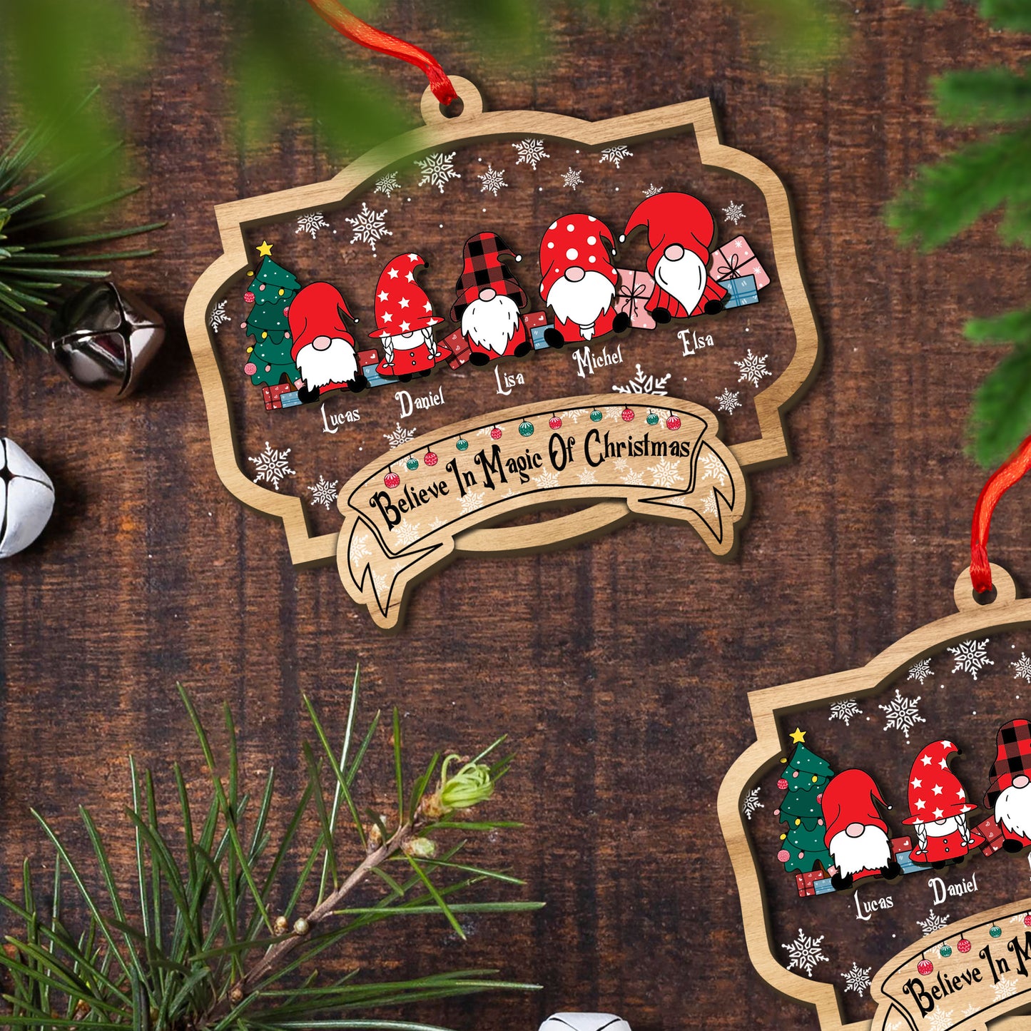 Belive In Magic Of Christmas Cute Gnomes Family Holiday Christmas Ornament - Custom Shape Wood and Acrylic Ornament