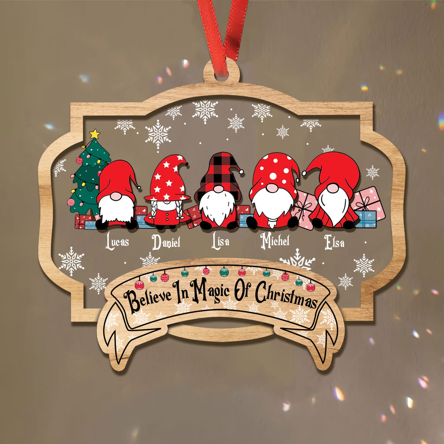 Belive In Magic Of Christmas Cute Gnomes Family Holiday Christmas Ornament - Custom Shape Wood and Acrylic Ornament