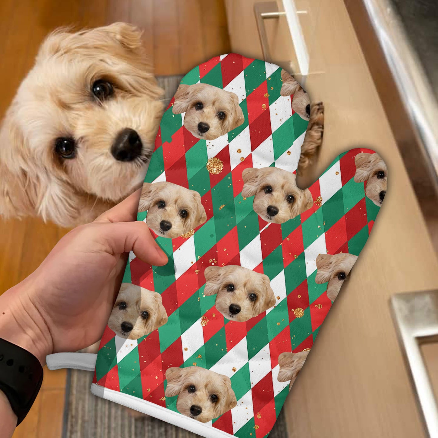 Der schönste Moment der Weihnachtszeit mit Ihren geliebten Haustieren und Ihrer Familie – individuelle Ofenhandschuhe 