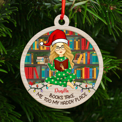 Bücher bringen mich zu meinem Haddy Place. Wunderbare Jahreszeit zum Lesen. Weihnachtsornament – ​​individuelle Form aus Holz und Acryl. 