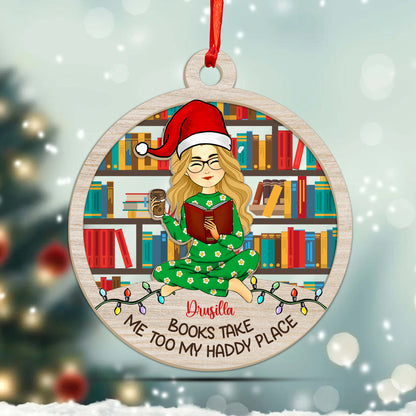 Bücher bringen mich zu meinem Haddy Place. Wunderbare Jahreszeit zum Lesen. Weihnachtsornament – ​​individuelle Form aus Holz und Acryl. 