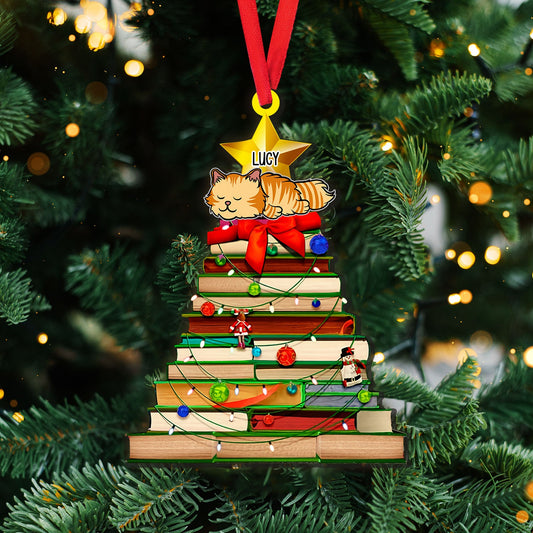 Cat And Book Tree A Wonderful Season Christmas Ornament For Book Lovers - Custom Shape Wood Ornament - 1 Layered Wood Ornament