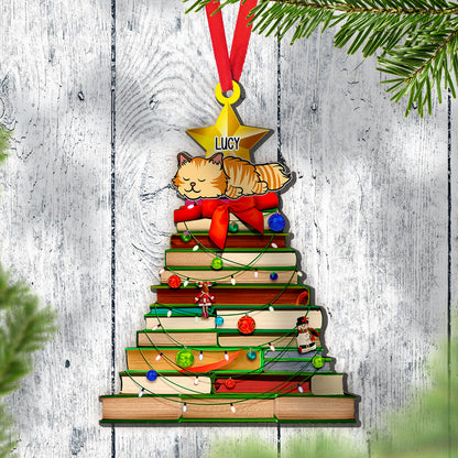 Katze und Bücherbaum, ein wundervolles Weihnachtsornament für Buchliebhaber – Holzornament in individueller Form – 1 Lagenholzornament 