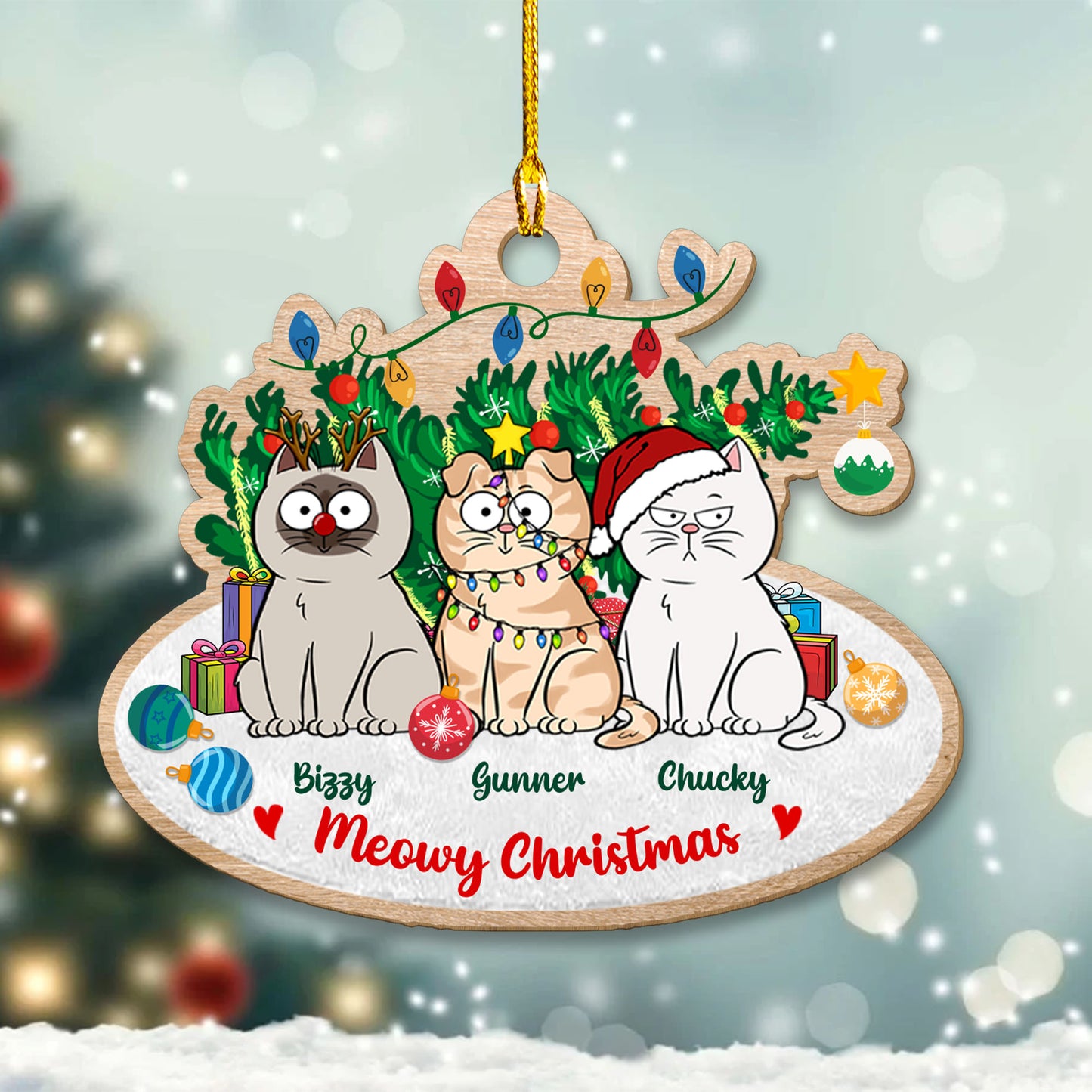 Katzen mit Weihnachtsbaum, miauendes Weihnachtsornament – ​​Holzornament in individueller Form – 1 Lagenholzornament 