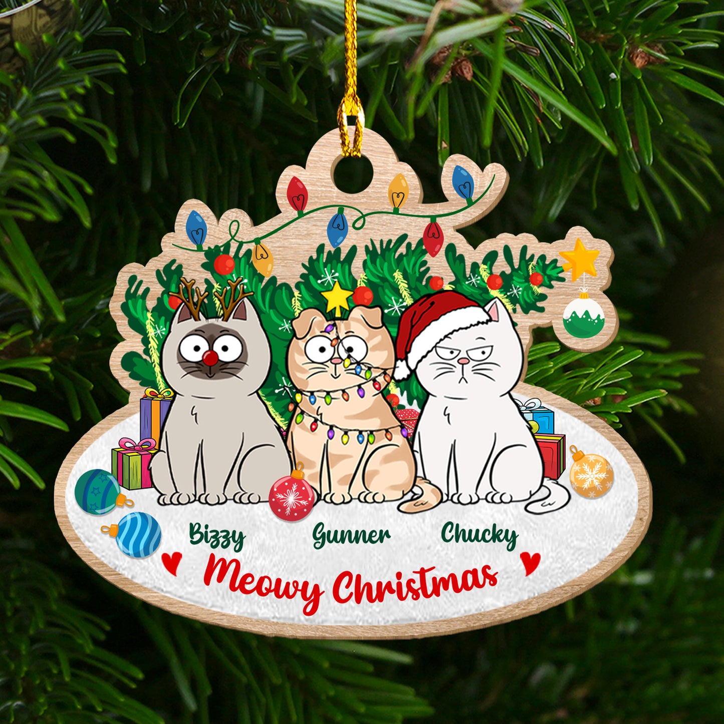 Katzen mit Weihnachtsbaum, miauendes Weihnachtsornament – ​​Holzornament in individueller Form – 1 Lagenholzornament 