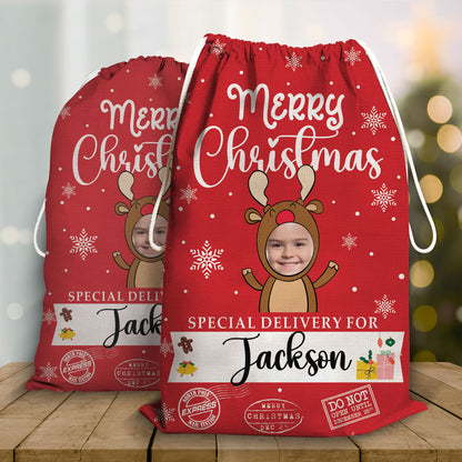 Weihnachtslieferung für Sie Baby Benutzerdefiniertes Foto Rentier Weihnachtstasche - Personalisierter individueller Weihnachtssack 