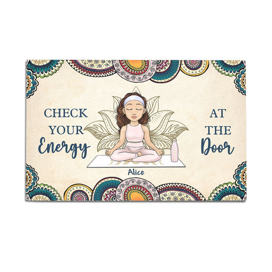 Personalized Yoga Meditation Check Your Energy At The Door Mat, Gift For Yoga Lover