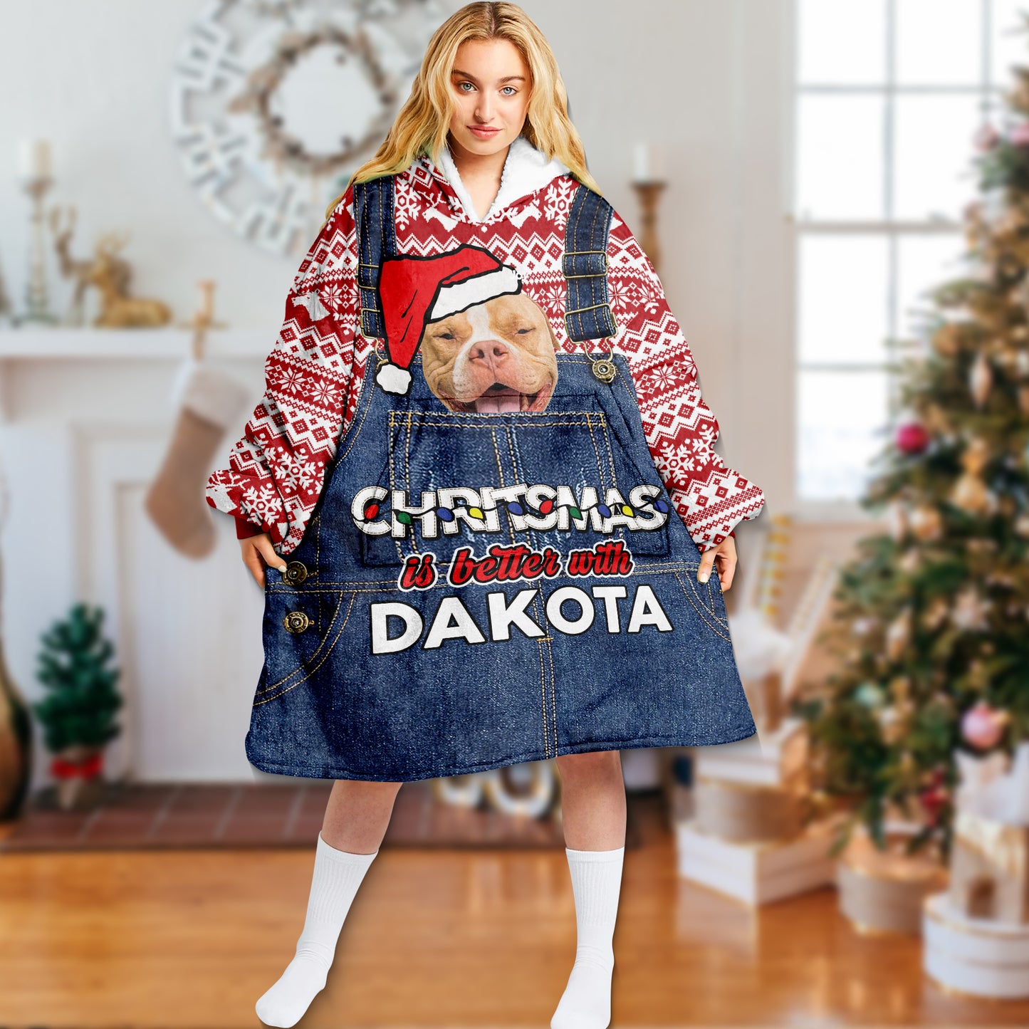 Denim Bib Style Christmas Is Better With My Dog Gift For Dog Lovers - Upload Your Dog Picture - Wearable Blanket Hoodie