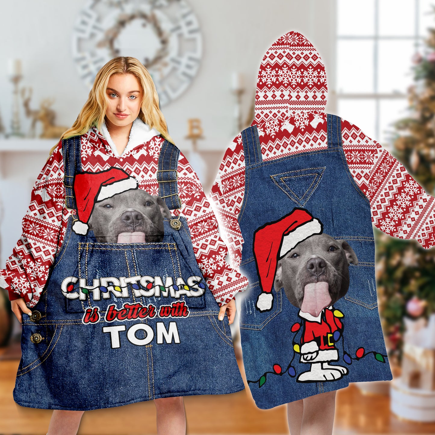 Denim Bib Style Christmas Is Better With My Dog Gift For Dog Lovers - Upload Your Dog Picture - Wearable Blanket Hoodie