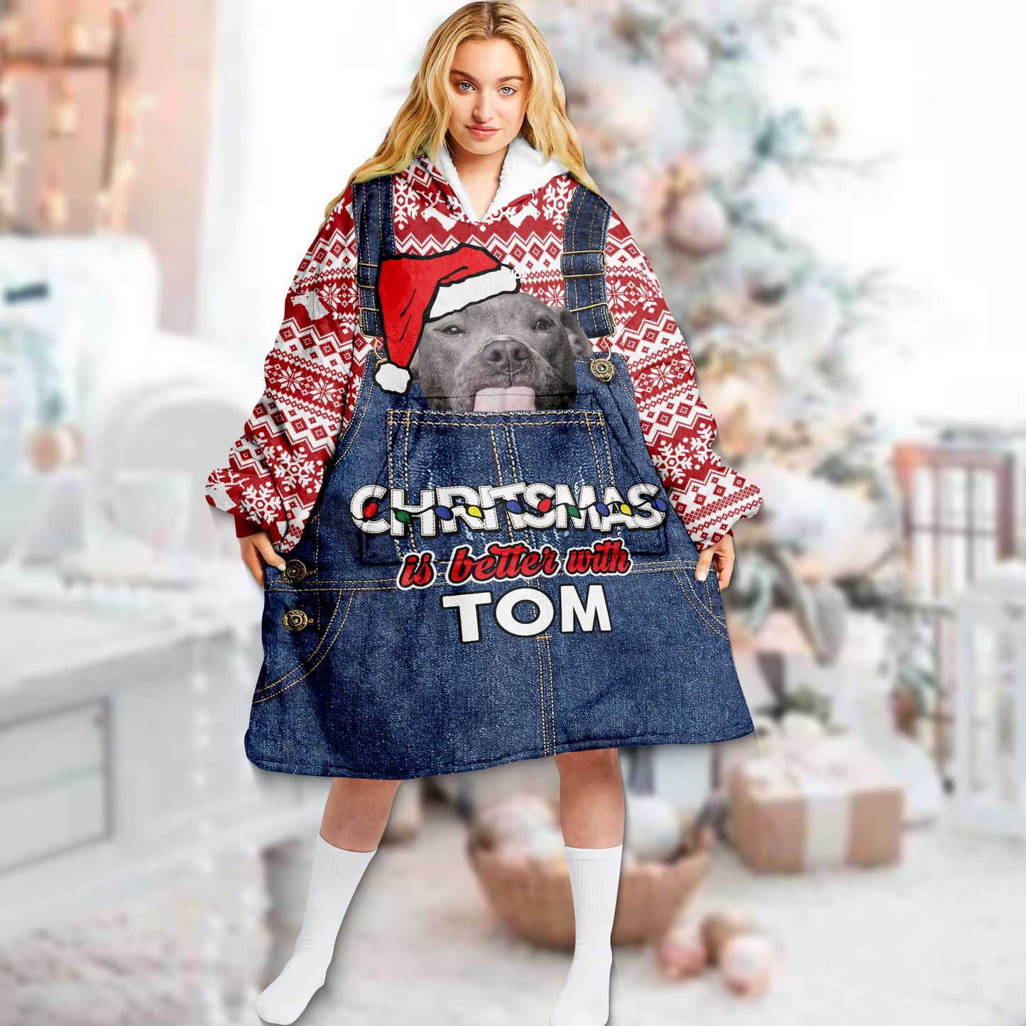 Denim Bib Style Christmas Is Better With My Dog Gift For Dog Lovers - Upload Your Dog Picture - Wearable Blanket Hoodie