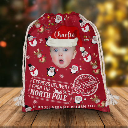 Express Delivery From The North Pole Baby Custom Photo Christmas Bag - Personalized Custom Christmas Sack