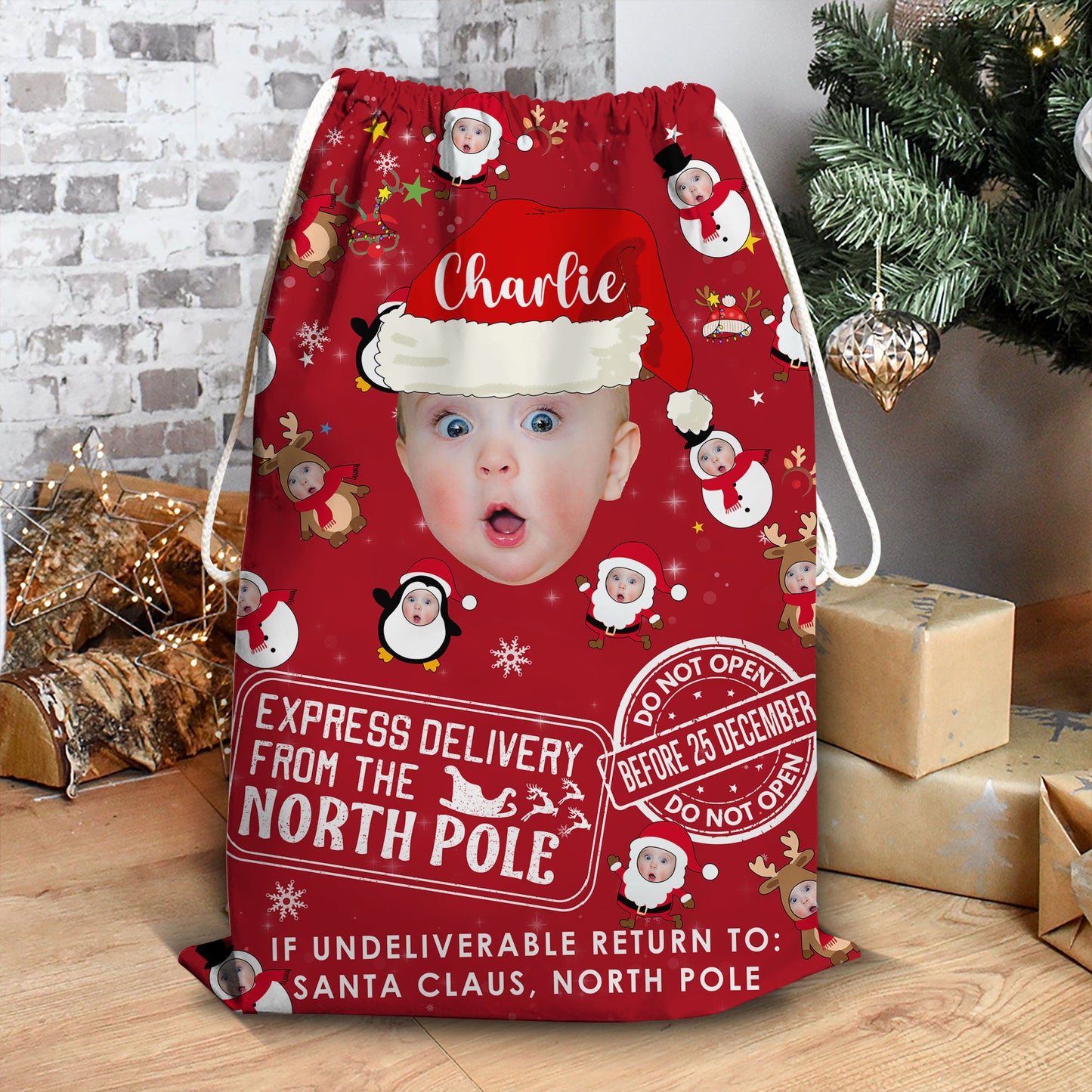 Express Delivery From The North Pole Baby Custom Photo Christmas Bag - Personalized Custom Christmas Sack