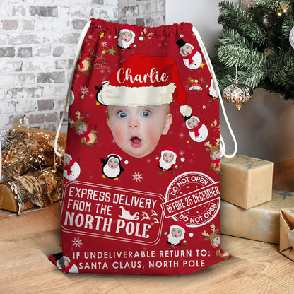 Express Delivery From The North Pole Baby Custom Photo Christmas Bag - Personalized Custom Christmas Sack