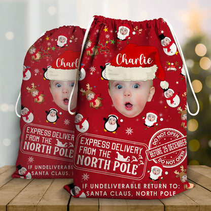 Express Delivery From The North Pole Baby Custom Photo Christmas Bag - Personalized Custom Christmas Sack