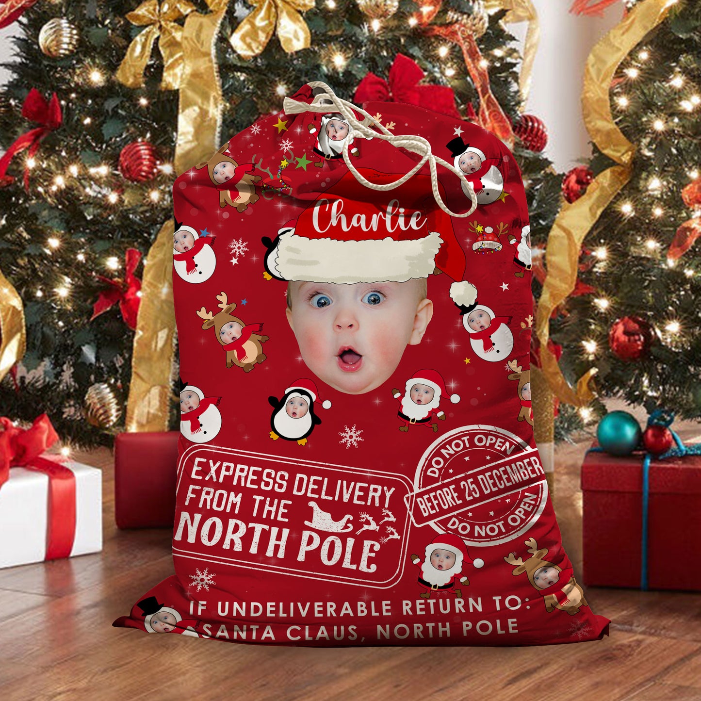 Express Delivery From The North Pole Baby Custom Photo Christmas Bag - Personalized Custom Christmas Sack