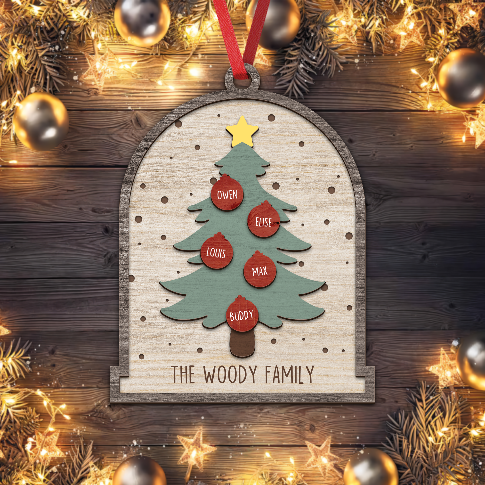 Family Christmas Tree Happy Holiday - Custom Shape Wood Ornament - Wood Ornament 2 Layered