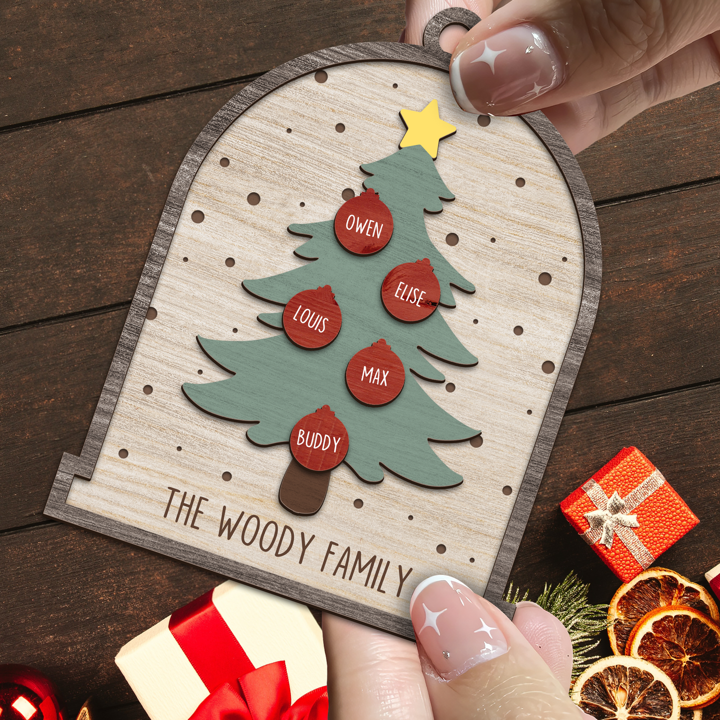 Family Christmas Tree Happy Holiday - Custom Shape Wood Ornament - Wood Ornament 2 Layered