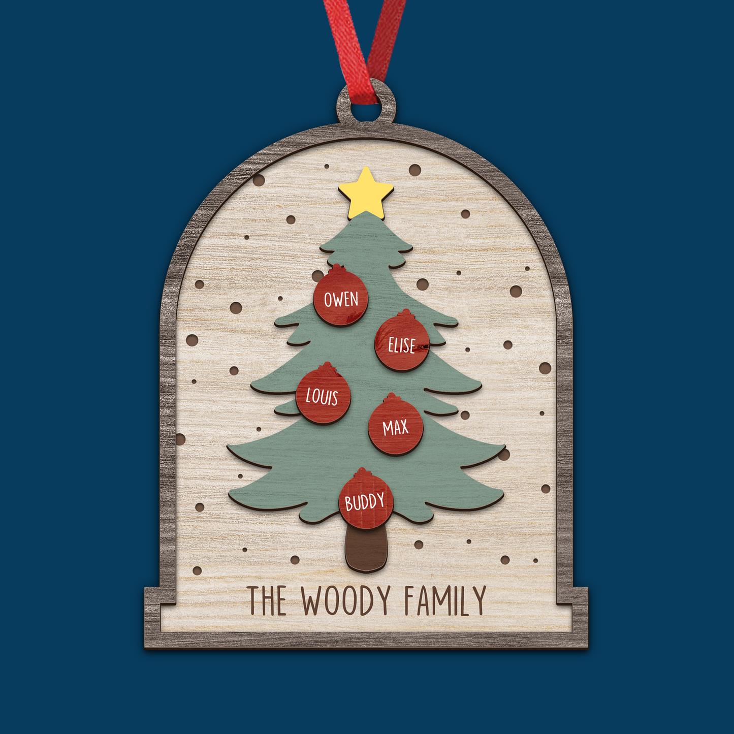 Family Christmas Tree Happy Holiday - Custom Shape Wood Ornament - Wood Ornament 2 Layered