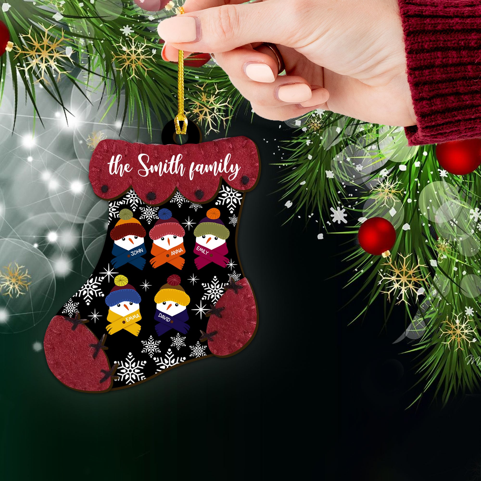Family Snowman In Christmas Sock - Custom Shape Wood Ornament - 1 Layered Wood Ornament