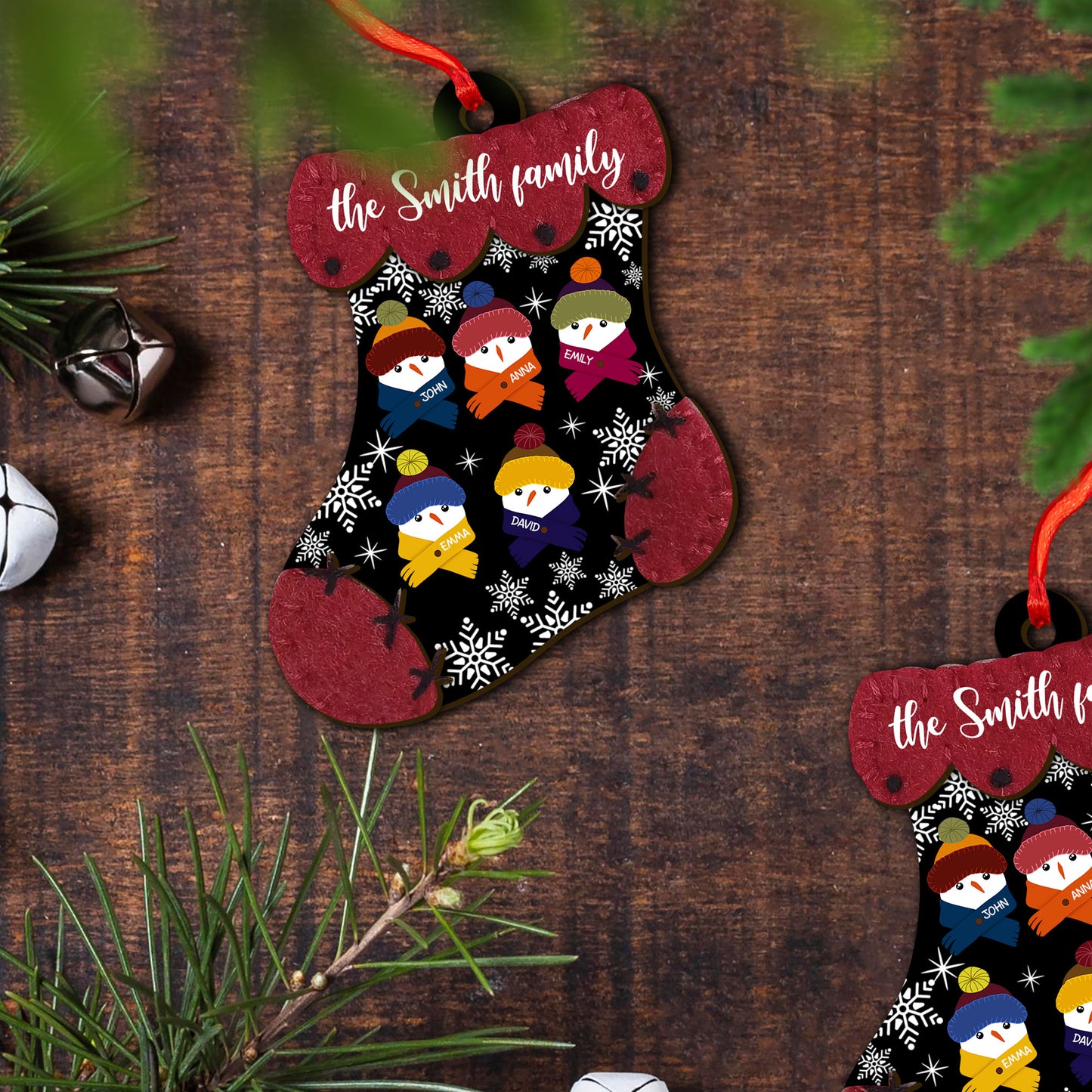 Family Snowman In Christmas Sock - Custom Shape Wood Ornament - 1 Layered Wood Ornament