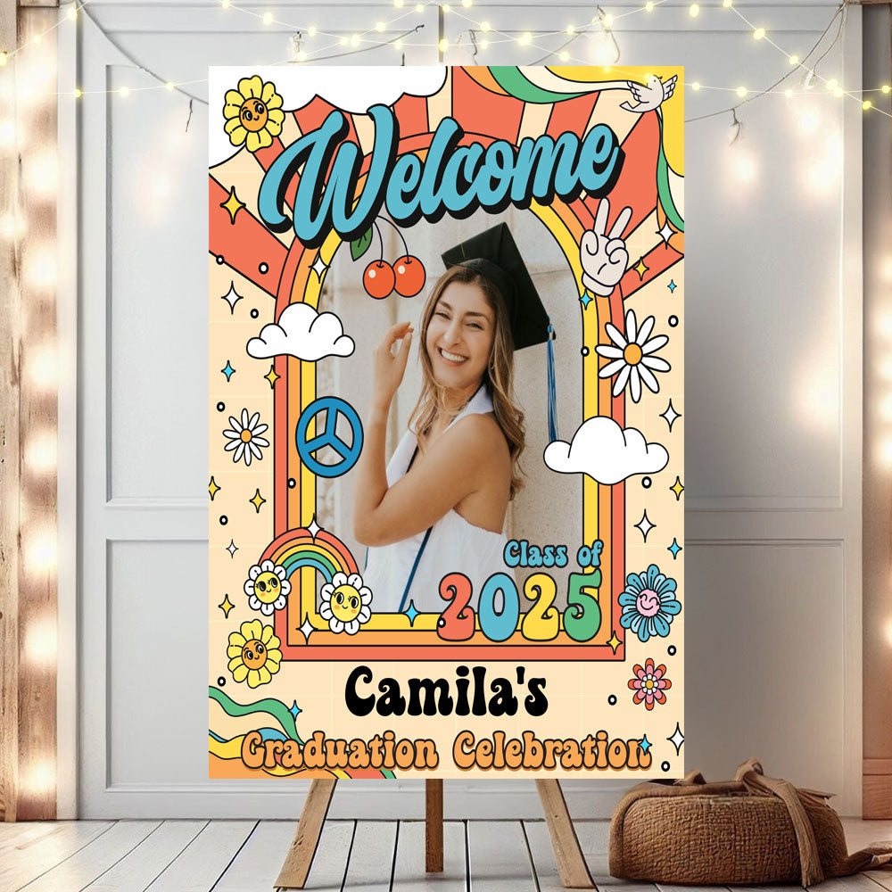 Retro Class Of 2025 - Graduation Party Welcome Sign - Custom Photo Grad Party Sign - Personalized Graduation Decoration