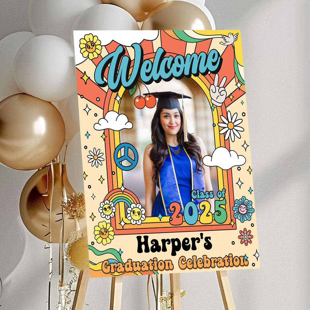 Retro Class Of 2025 - Graduation Party Welcome Sign - Custom Photo Grad Party Sign - Personalized Graduation Decoration