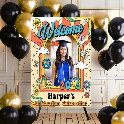 Retro Class Of 2025 - Graduation Party Welcome Sign - Custom Photo Grad Party Sign - Personalized Graduation Decoration