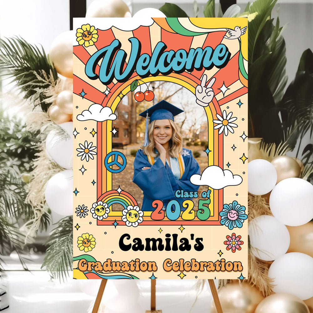 Retro Class Of 2025 - Graduation Party Welcome Sign - Custom Photo Grad Party Sign - Personalized Graduation Decoration