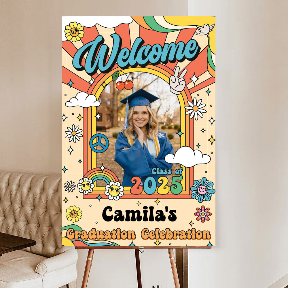 Retro Class Of 2025 - Graduation Party Welcome Sign - Custom Photo Grad Party Sign - Personalized Graduation Decoration